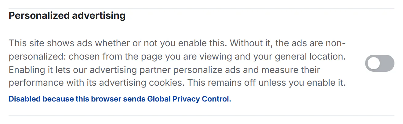 The Advertising category switched off, with a note that the browser sends Global Privacy Control